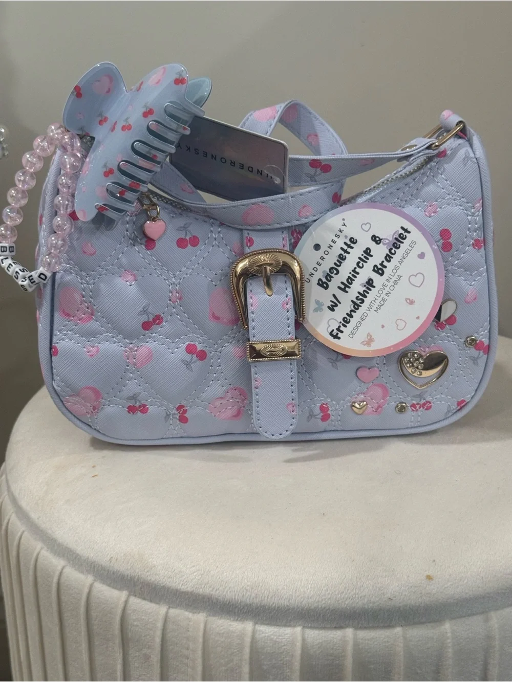 Kids Light Blue Quilted Heart Crossbody Bag with Pink Accents